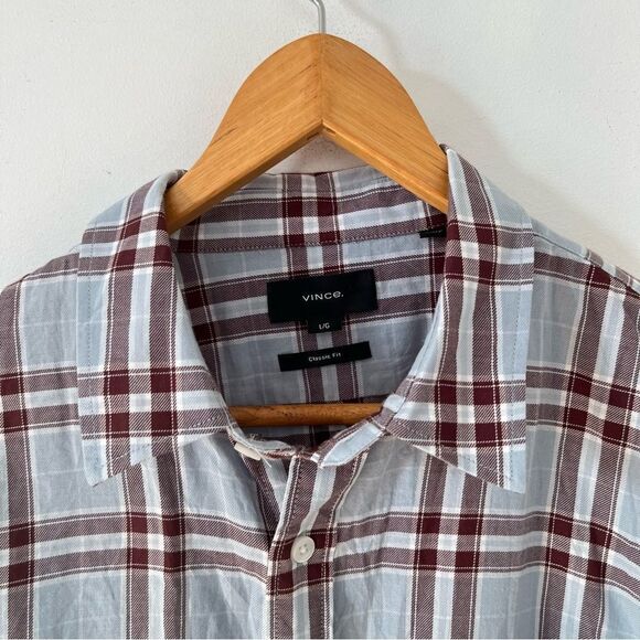 Vince Light Blue Brown Plaid "Liberty" Long Sleeve Cotton Button Down Shirt - Picture 7 of 8